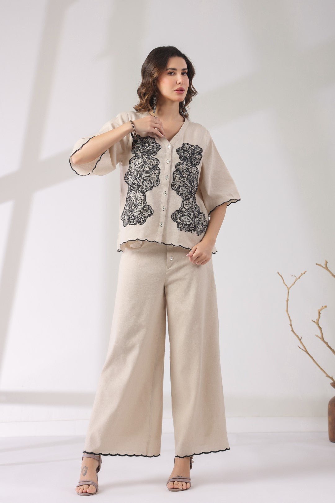 Women Beige Cotton Flex Fabric With Black Embroidery Co - Ord Set - Nyaro