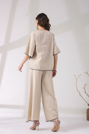 Women Beige Cotton Flex Fabric With Black Embroidery Co - Ord Set - Nyaro