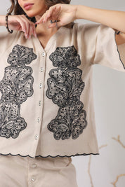 Women Beige Cotton Flex Fabric With Black Embroidery Co - Ord Set - Nyaro