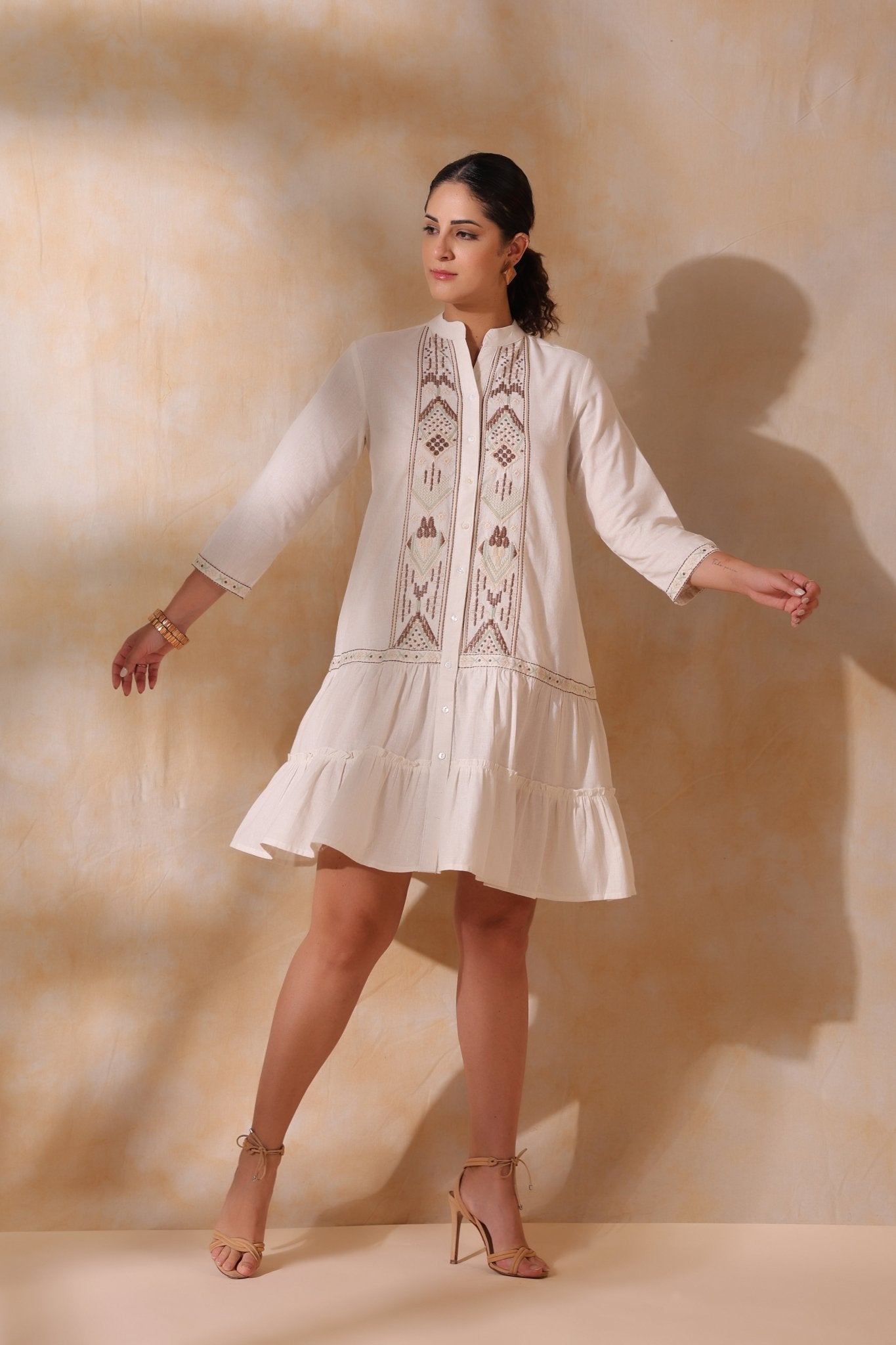 Women Beige Cotton Flex Linen Embroidery Fril Dress - Nyaro