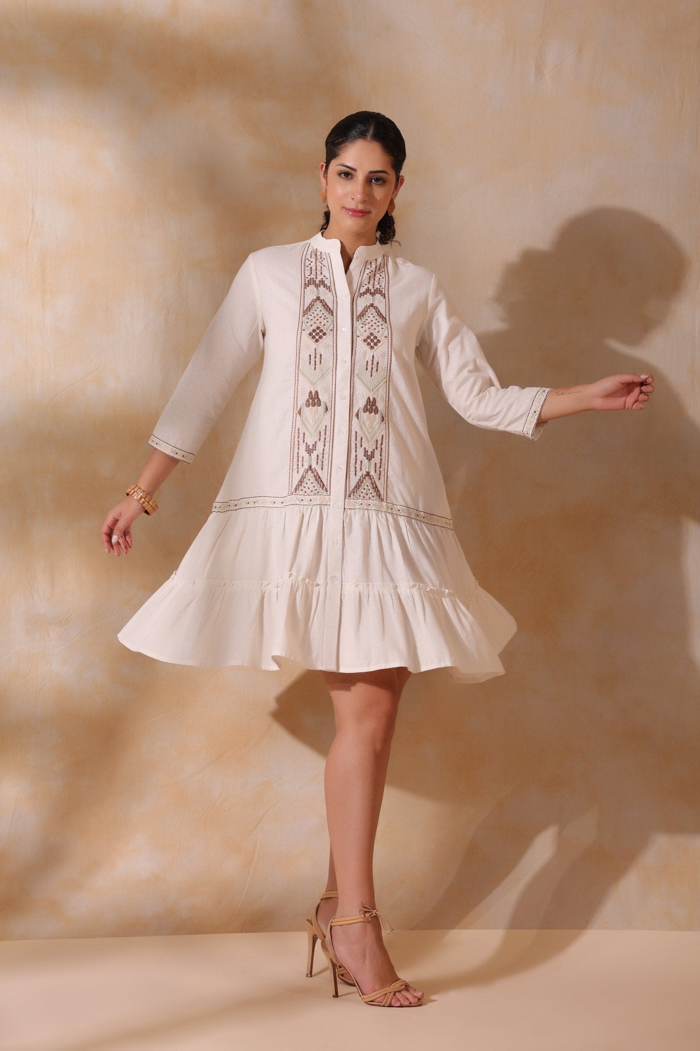 Women Beige Cotton Flex Linen Embroidery Fril Dress - Nyaro