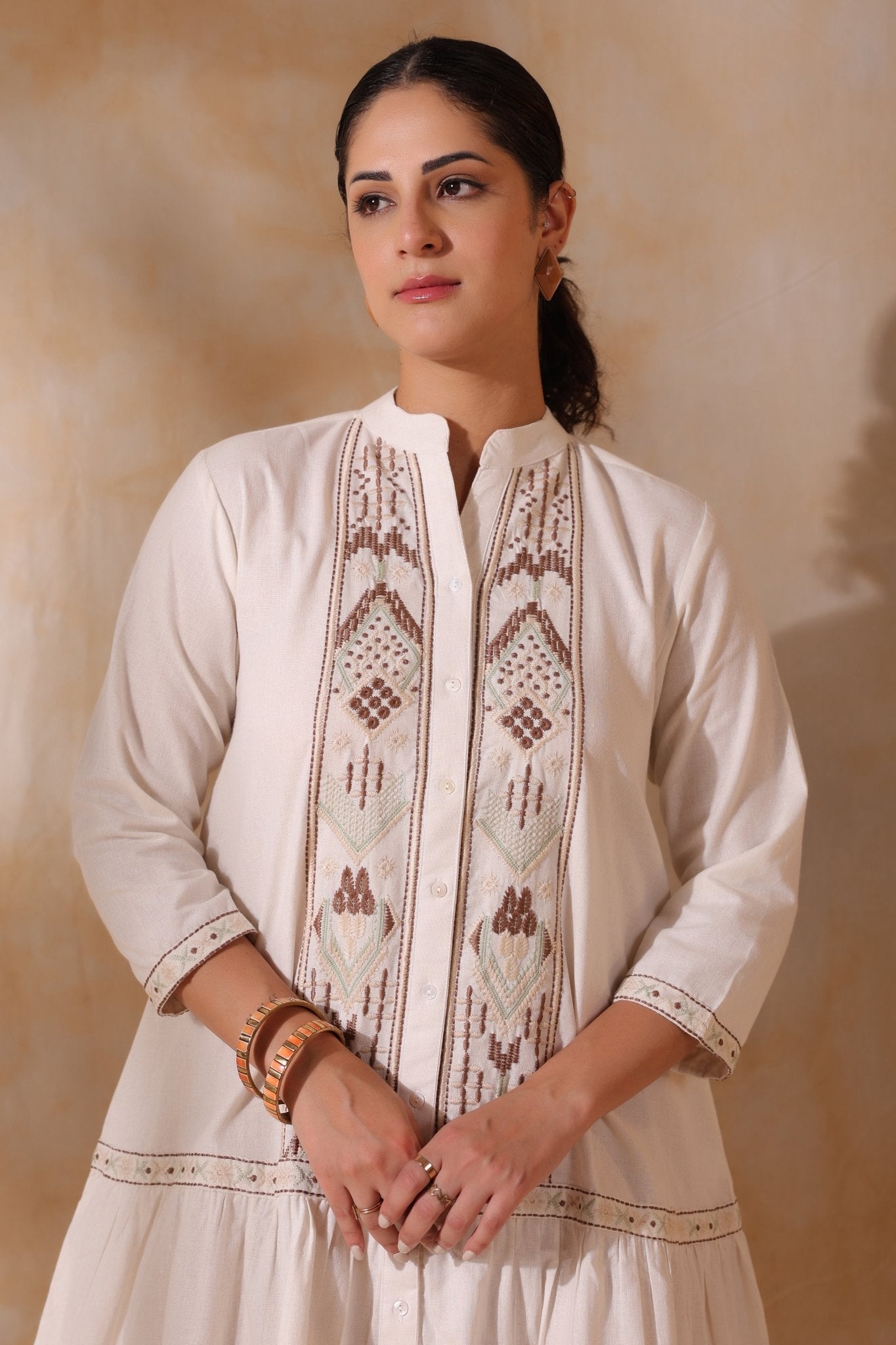 Women Beige Cotton Flex Linen Embroidery Fril Dress - Nyaro