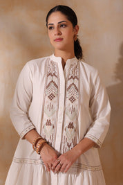 Women Beige Cotton Flex Linen Embroidery Fril Dress - Nyaro