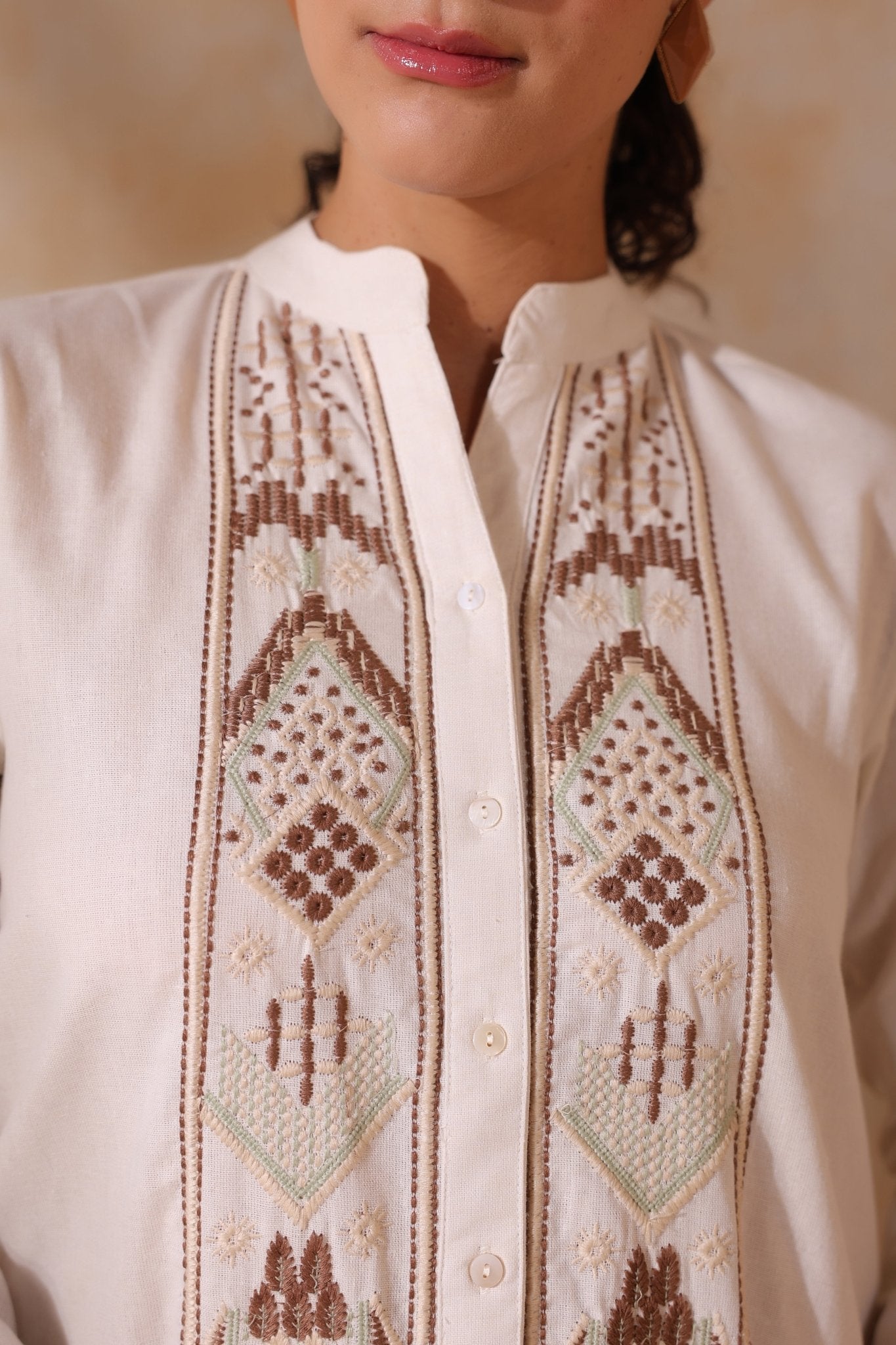 Women Beige Cotton Flex Linen Embroidery Fril Dress - Nyaro