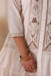 Women Beige Cotton Flex Linen Embroidery Fril Dress - Nyaro