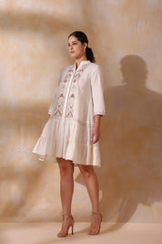 Women Beige Cotton Flex Linen Embroidery Fril Dress - Nyaro