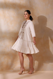 Women Beige Cotton Flex Linen Embroidery Fril Dress - Nyaro