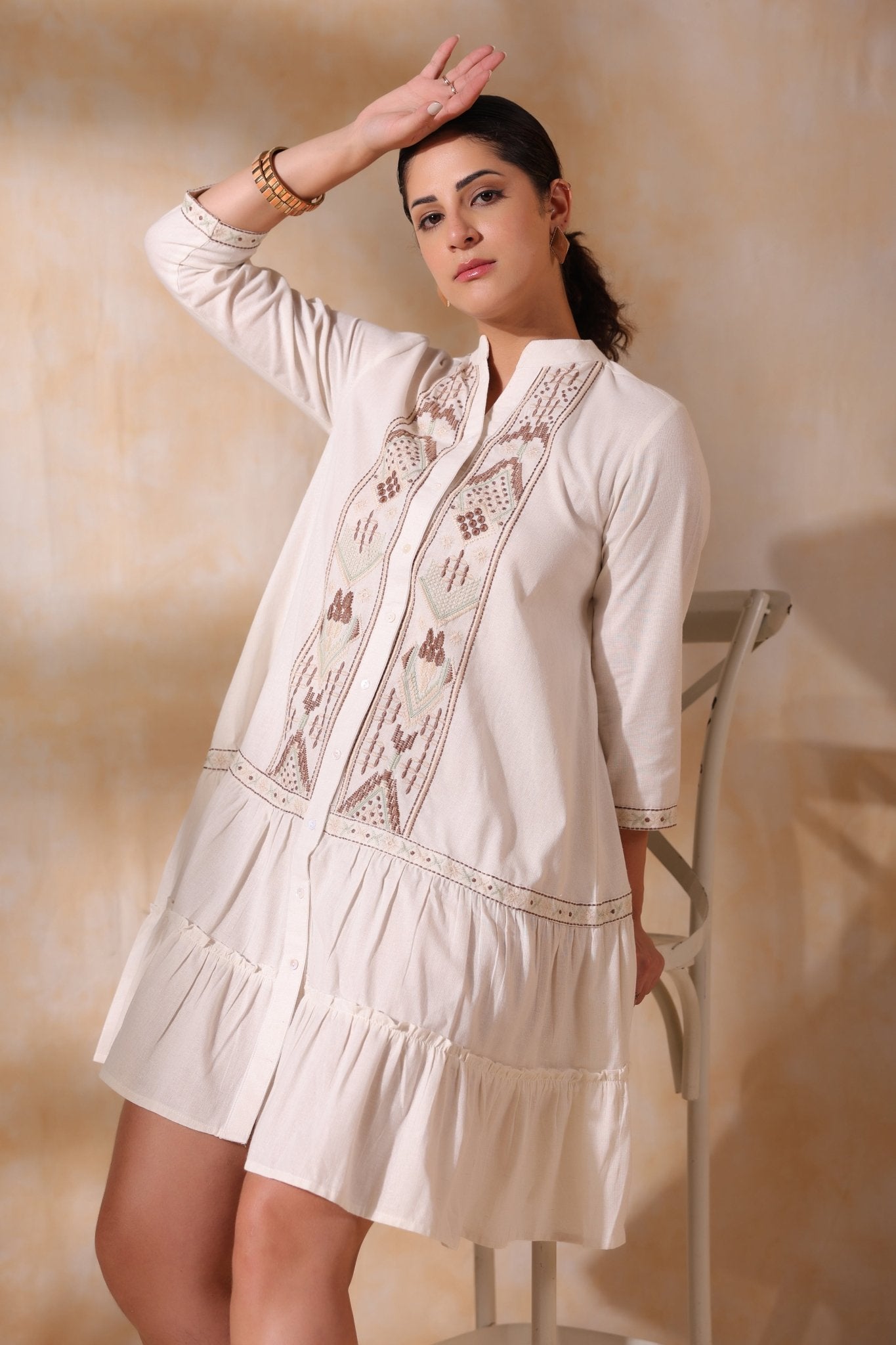 Women Beige Cotton Flex Linen Embroidery Fril Dress - Nyaro