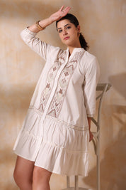Women Beige Cotton Flex Linen Embroidery Fril Dress - Nyaro