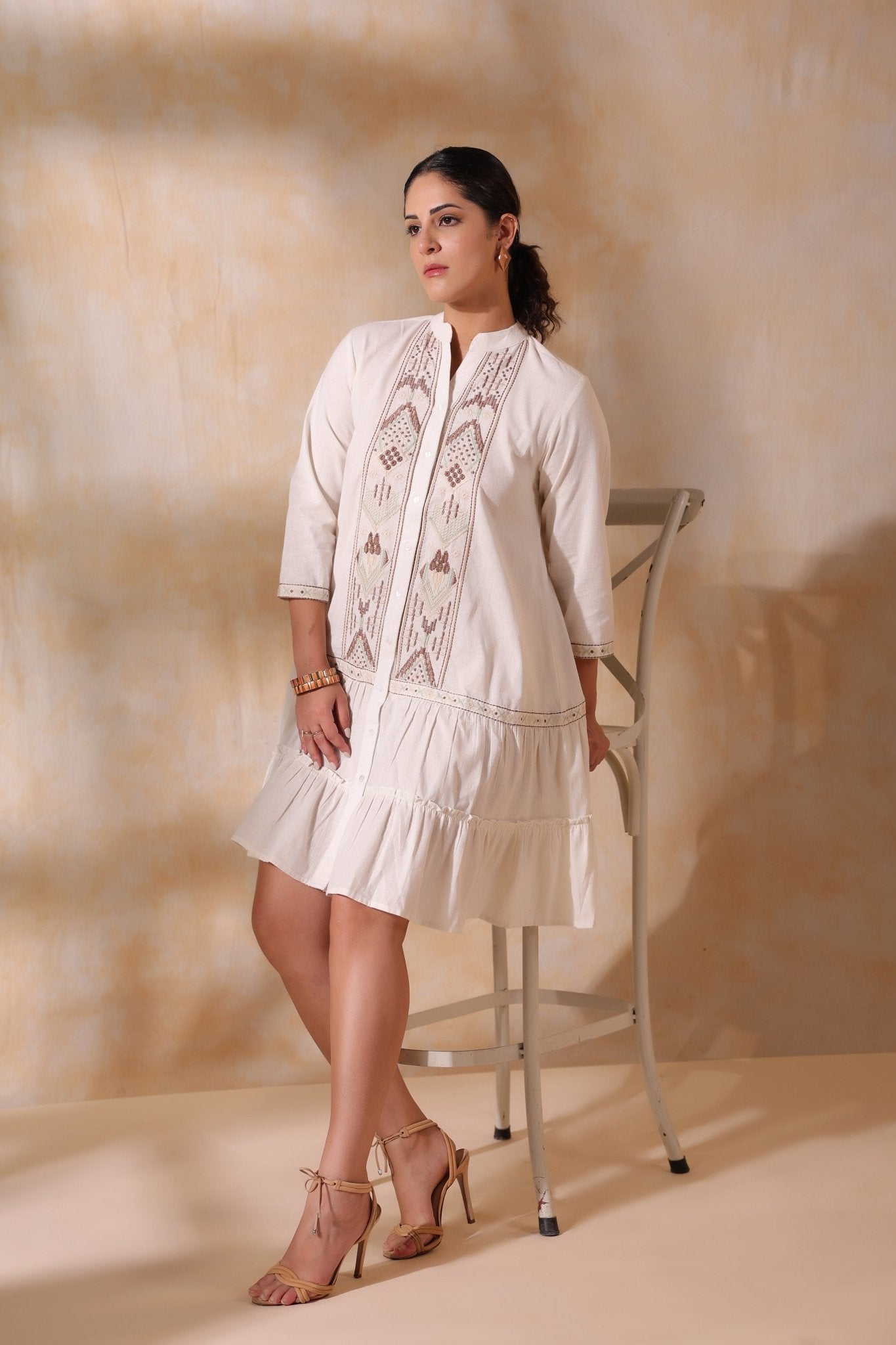 Women Beige Cotton Flex Linen Embroidery Fril Dress - Nyaro