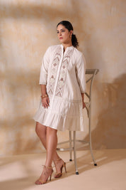 Women Beige Cotton Flex Linen Embroidery Fril Dress - Nyaro