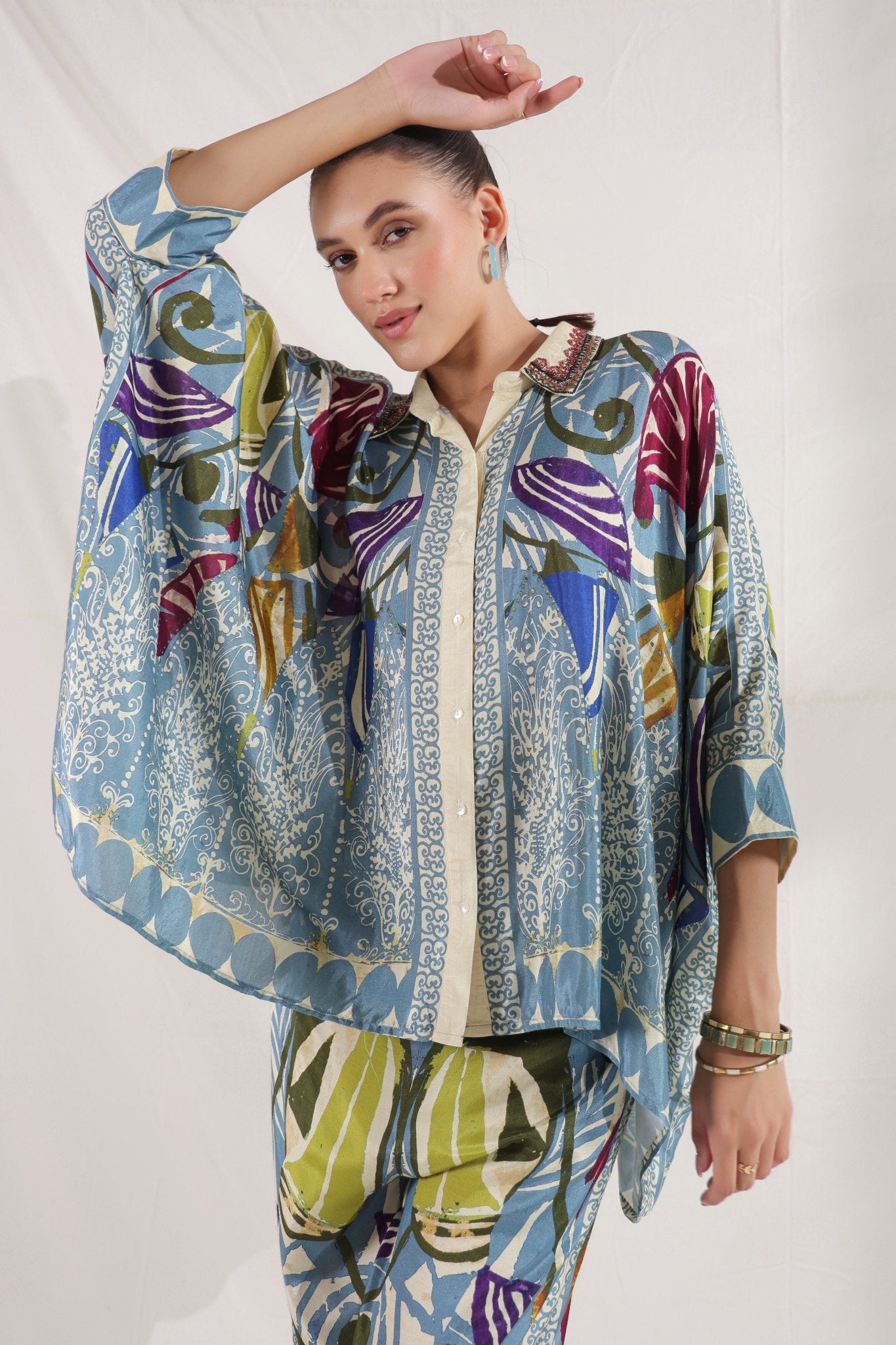 Women Blue Viscose Satin Floral Printed Co - Ord Set - Nyaro