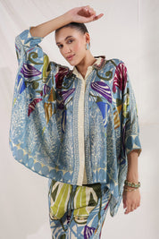 Women Blue Viscose Satin Floral Printed Co - Ord Set - Nyaro
