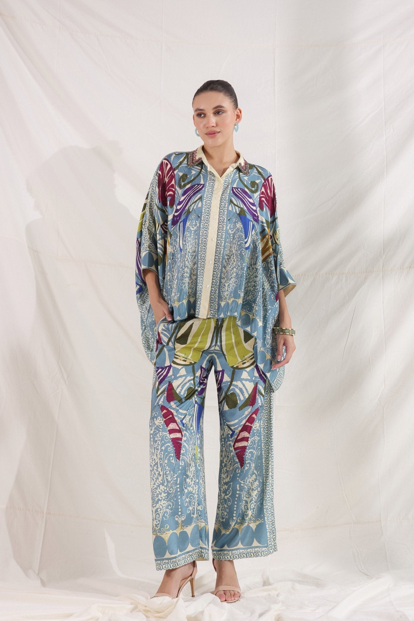 Women Blue Viscose Satin Floral Printed Co - Ord Set - Nyaro