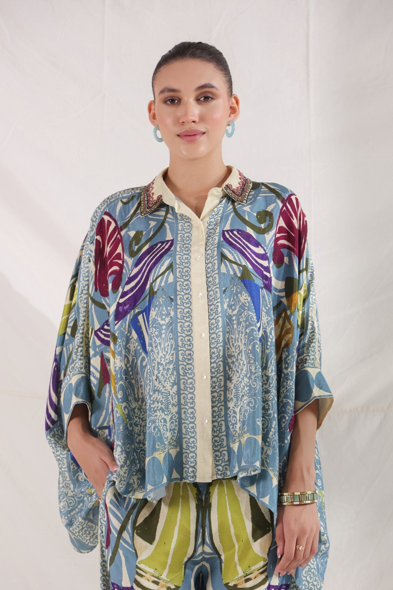 Women Blue Viscose Satin Floral Printed Co - Ord Set - Nyaro