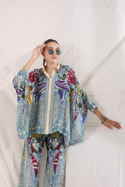 Women Blue Viscose Satin Floral Printed Co - Ord Set - Nyaro