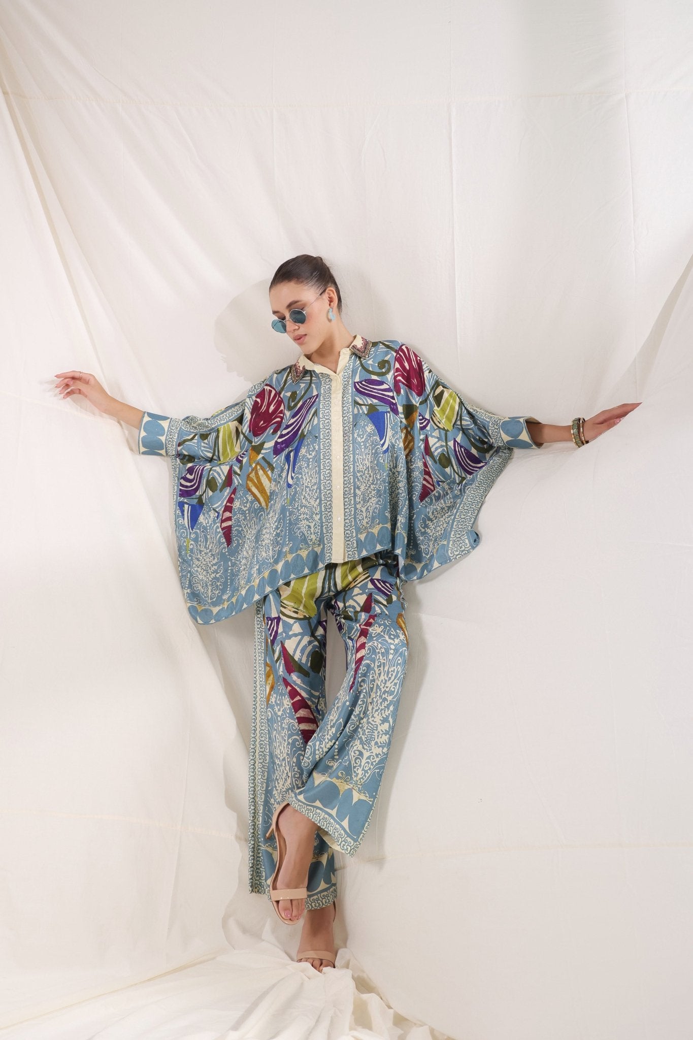 Women Blue Viscose Satin Floral Printed Co - Ord Set - Nyaro