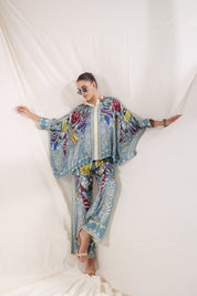 Women Blue Viscose Satin Floral Printed Co - Ord Set - Nyaro