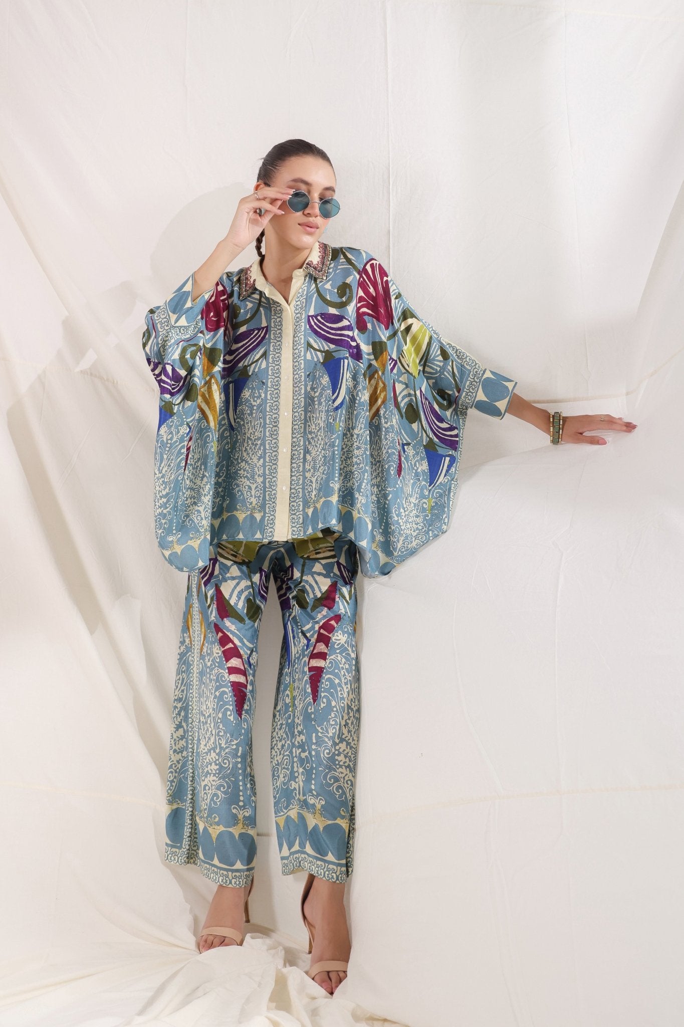 Women Blue Viscose Satin Floral Printed Co - Ord Set - Nyaro