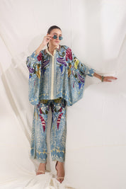 Women Blue Viscose Satin Floral Printed Co - Ord Set - Nyaro