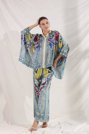 Women Blue Viscose Satin Floral Printed Co - Ord Set - Nyaro