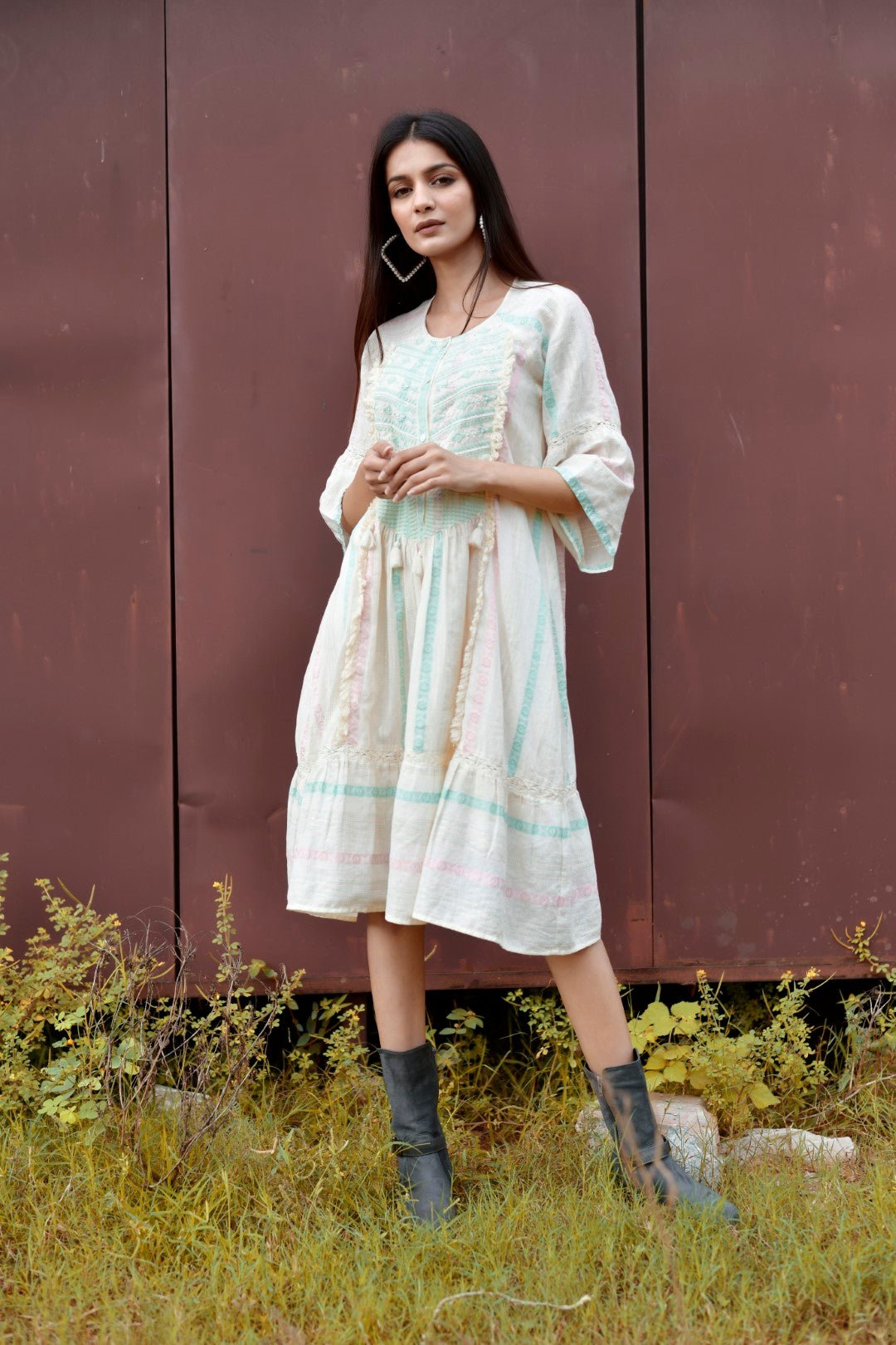 Women Cotton Dobby Stripe Printed Embroidery A - line Dress - Nyaro