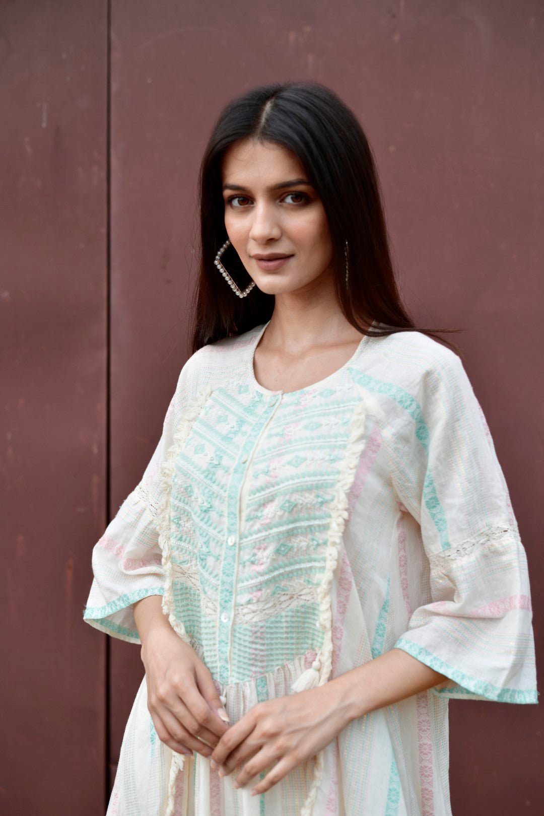 Women Cotton Dobby Stripe Printed Embroidery A - line Dress - Nyaro