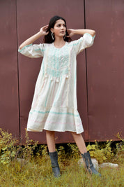 Women Cotton Dobby Stripe Printed Embroidery A - line Dress - Nyaro