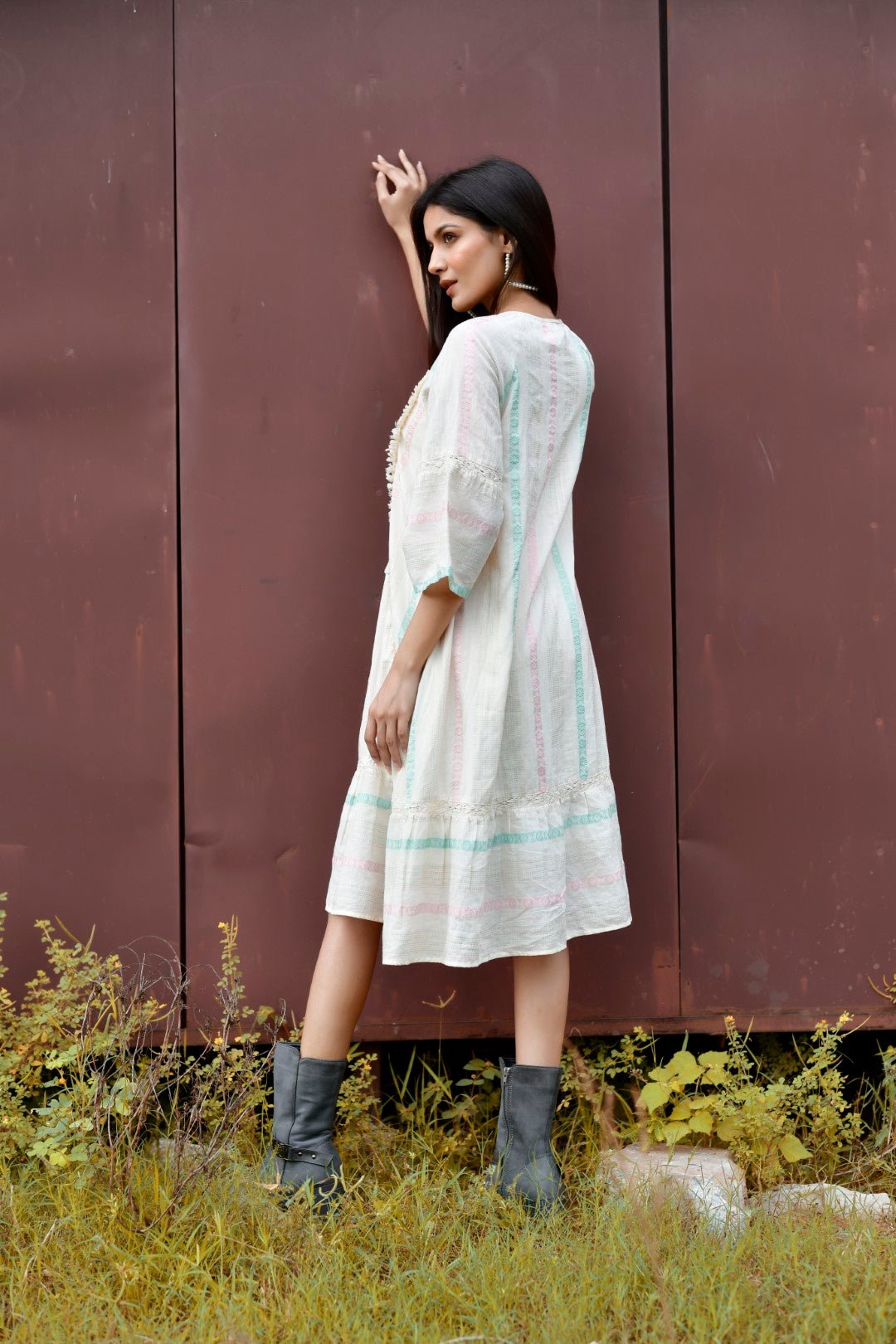 Women Cotton Dobby Stripe Printed Embroidery A - line Dress - Nyaro