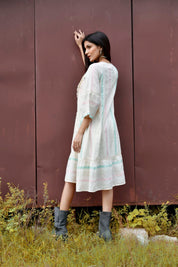 Women Cotton Dobby Stripe Printed Embroidery A - line Dress - Nyaro