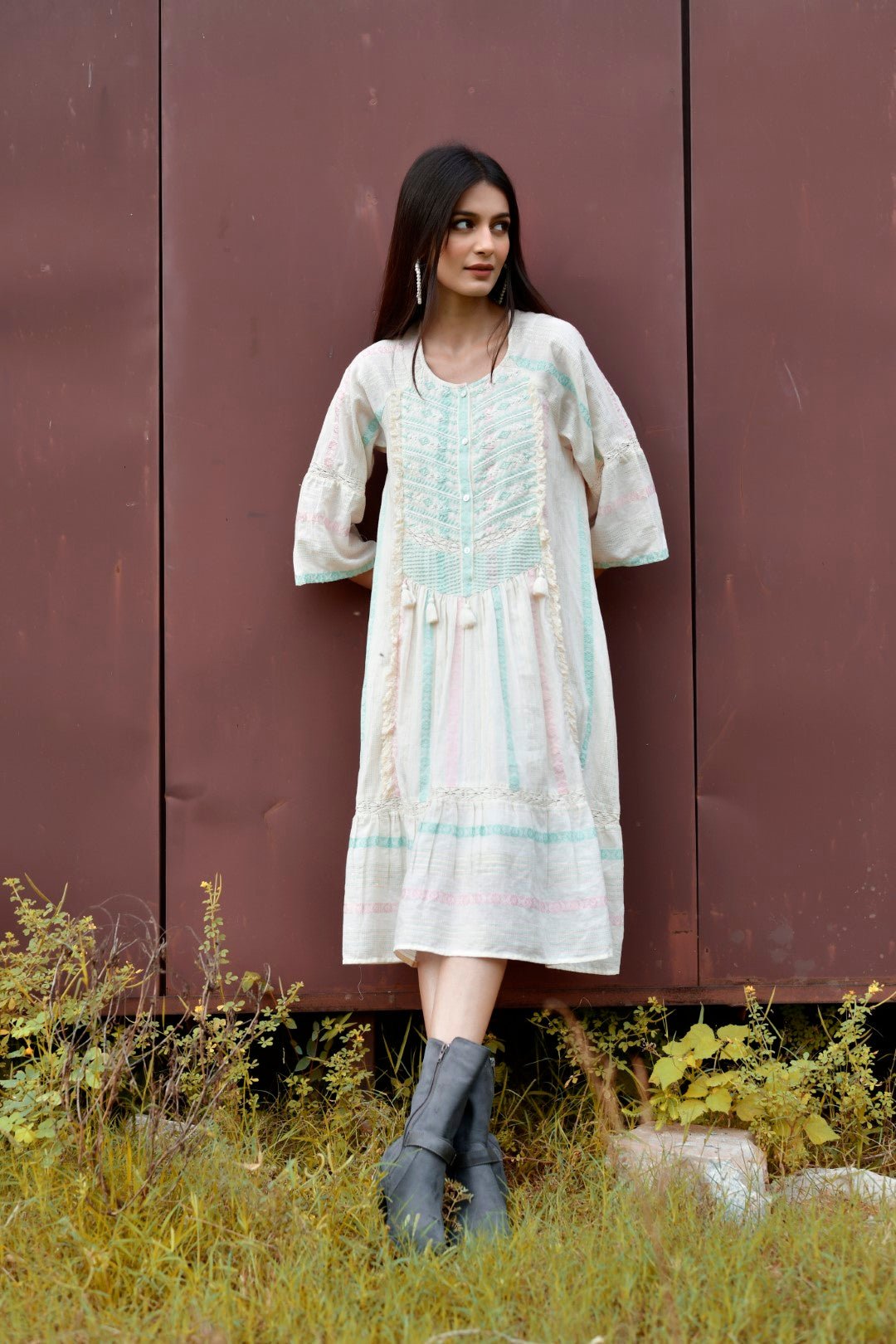 Women Cotton Dobby Stripe Printed Embroidery A - line Dress - Nyaro