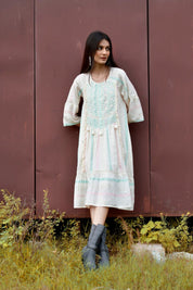 Women Cotton Dobby Stripe Printed Embroidery A - line Dress - Nyaro