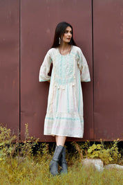 Women Cotton Dobby Stripe Printed Embroidery A - line Dress - Nyaro