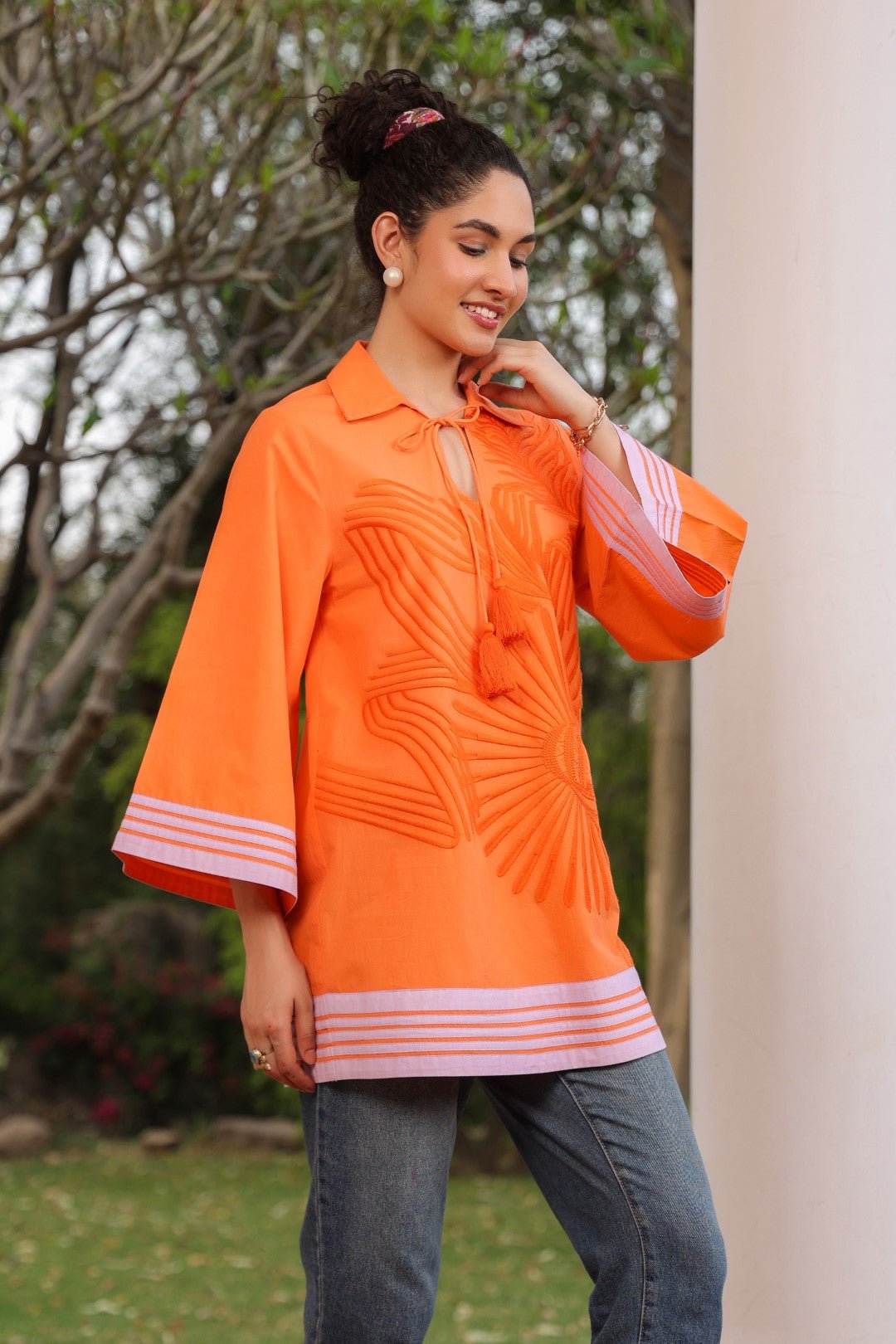 Women Cotton Orange Embroidered Work Top - Nyaro