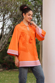 Women Cotton Orange Embroidered Work Top - Nyaro