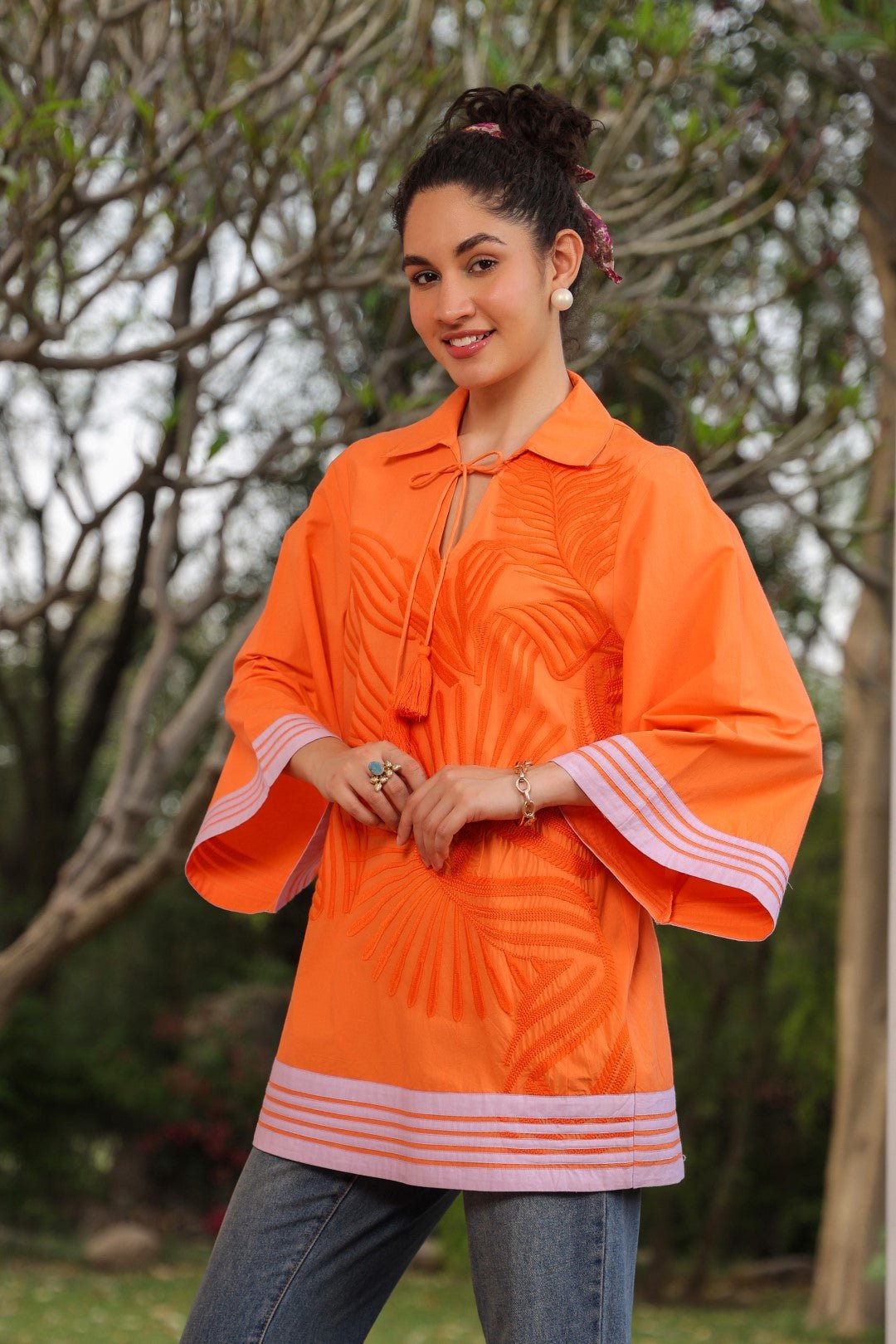 Women Cotton Orange Embroidered Work Top - Nyaro