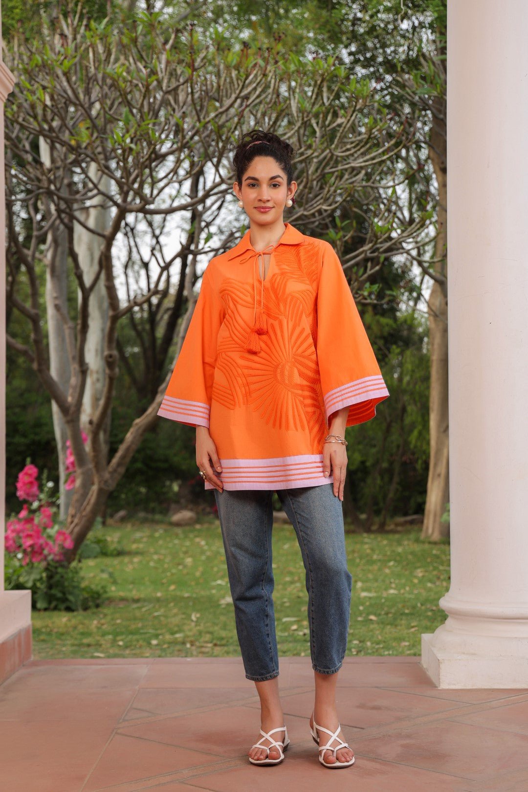 Women Cotton Orange Embroidered Work Top - Nyaro