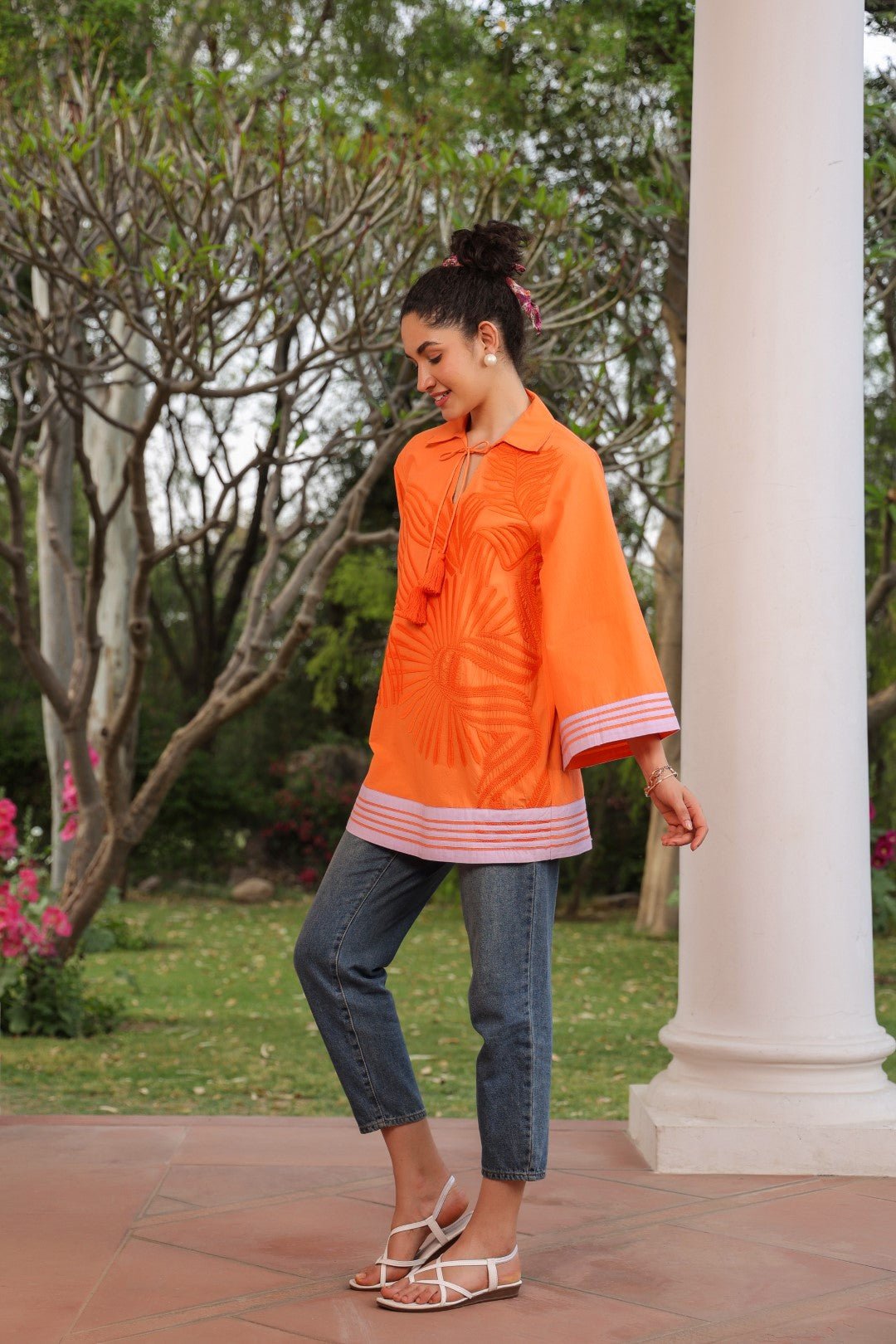 Women Cotton Orange Embroidered Work Top - Nyaro