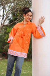 Women Cotton Orange Embroidered Work Top - Nyaro