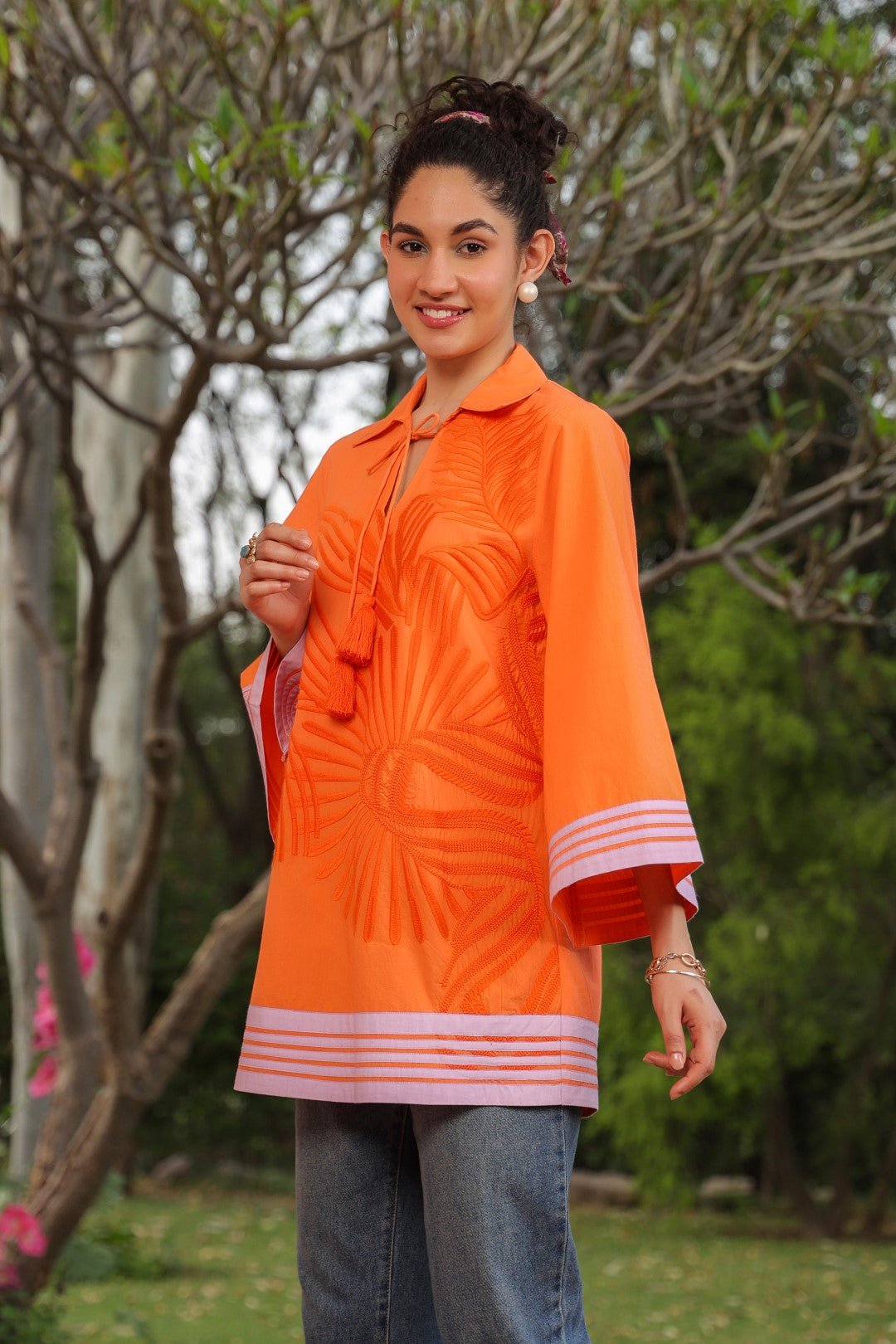Women Cotton Orange Embroidered Work Top - Nyaro