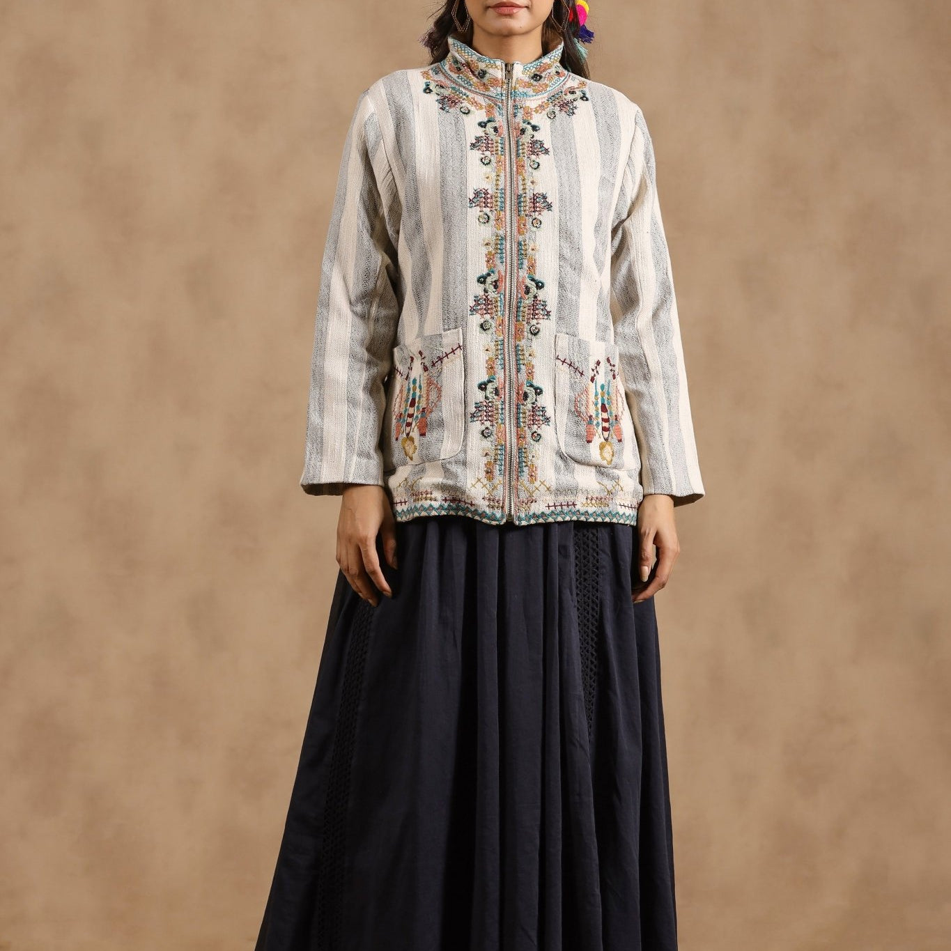 Women Cotton Stripe & Embroidered with Beads Work Jacket - Nyaro