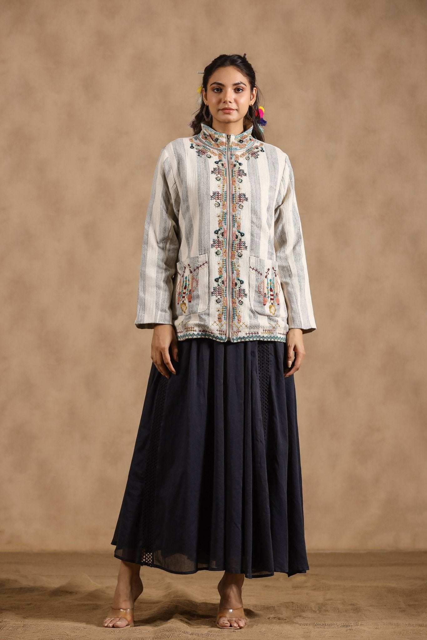 Women Cotton Stripe & Embroidered with Beads Work Jacket - Nyaro