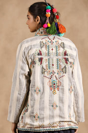 Women Cotton Stripe & Embroidered with Beads Work Jacket - Nyaro