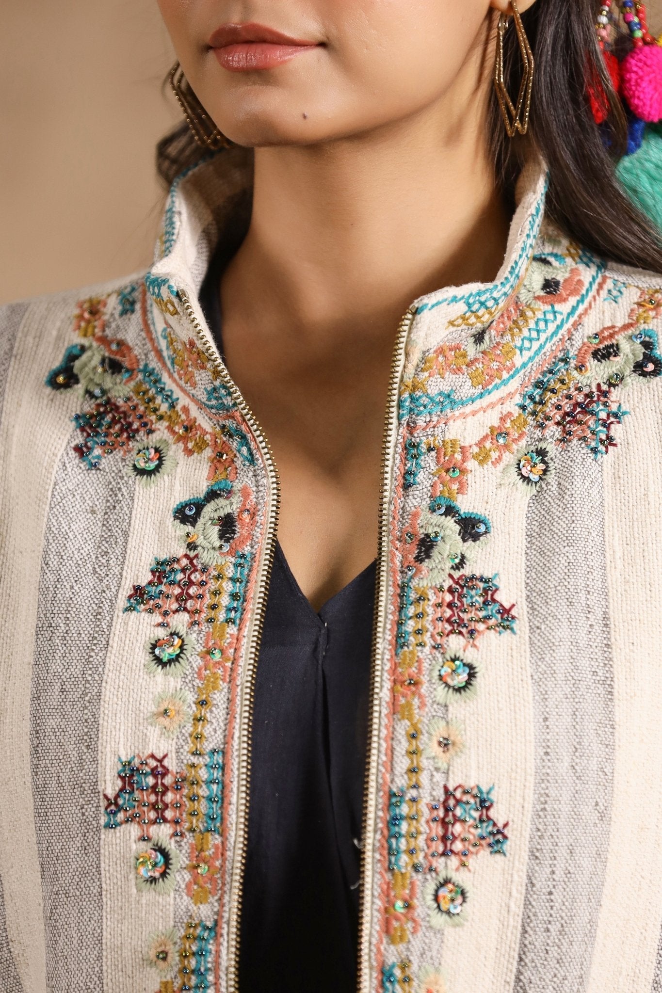 Women Cotton Stripe & Embroidered with Beads Work Jacket - Nyaro