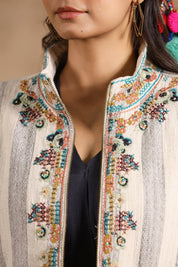 Women Cotton Stripe & Embroidered with Beads Work Jacket - Nyaro