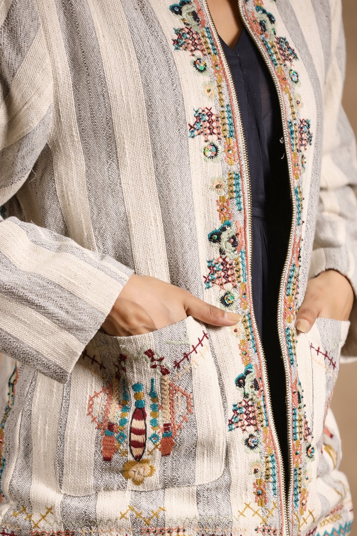 Women Cotton Stripe & Embroidered with Beads Work Jacket - Nyaro