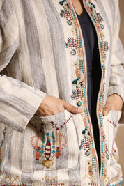 Women Cotton Stripe & Embroidered with Beads Work Jacket - Nyaro