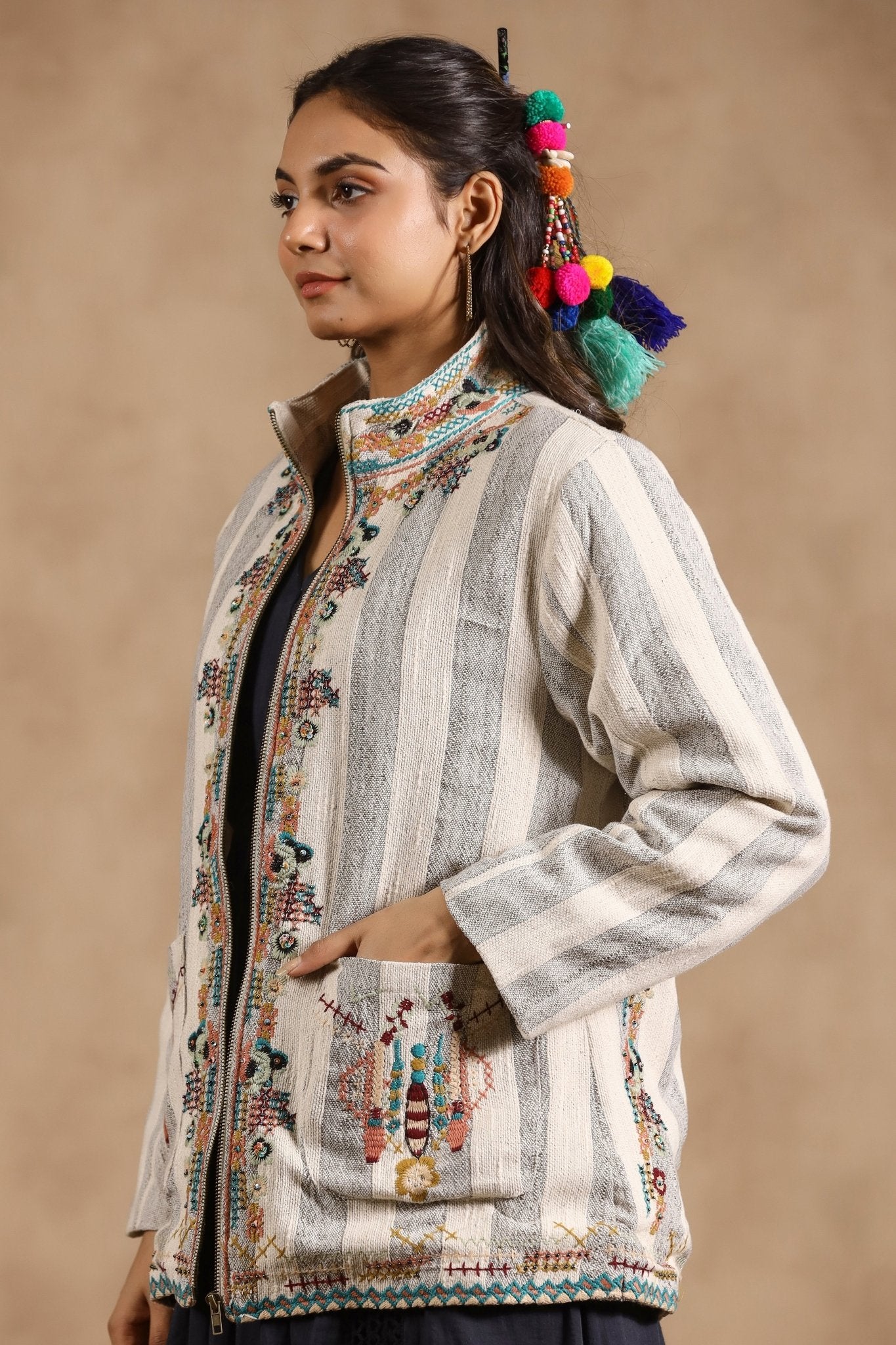 Women Cotton Stripe & Embroidered with Beads Work Jacket - Nyaro