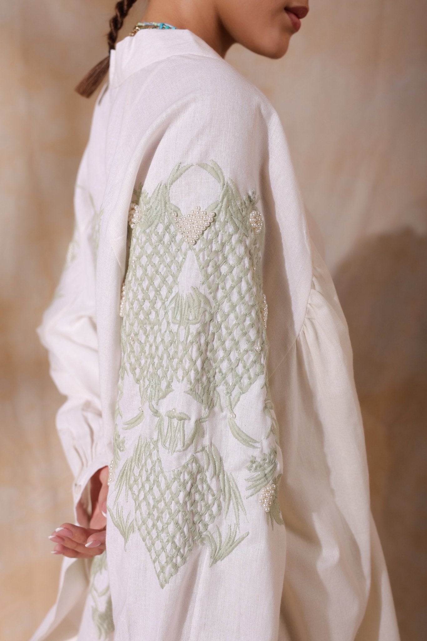 Women Green Cotton Flex Linen Blue Embroidery With Hand Work Co - Ord Set - Nyaro