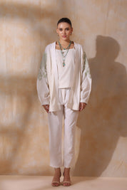 Women Green Cotton Flex Linen Blue Embroidery With Hand Work Co - Ord Set - Nyaro